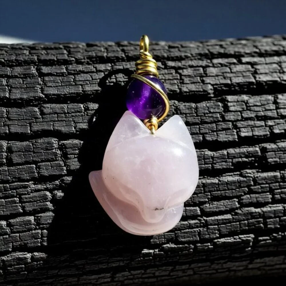 Handmade: Rose Quartz + Purple Agate Fox Spirit Pendant! Kitsune Spirit Guide